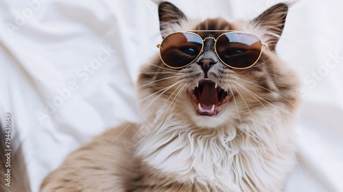 ragdoll cat in sunglasses on white background