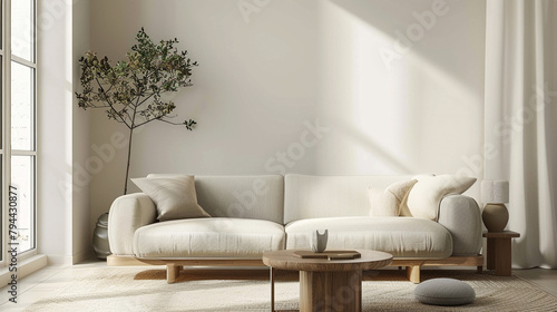 A serene Scandinavian living room beckons with its cozy sofa, minimalist coffee table, and an empty wall space poised for personalized adornment or gallery-style displays in a minimalist environment. photo