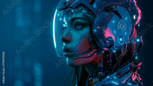 Retro futuristic poster on a clean dark background girl cyborg transformer in blue armor with artificial intelligence future of humanity world order soldier cyberpunk 2077