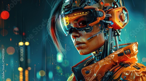 poster on a clean dark background girl cyborg transformer in orange armor with artificial intelligence future of humanity world order soldier cyberpunk 2077