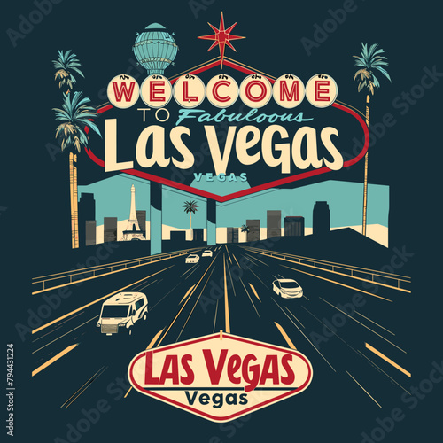 A poster of Las Vegas with a red and white sign that says "Welcome to Fabulous Las Vegas".