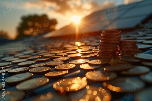 Stack of coins on wooden table at sunset, under vibrant sky