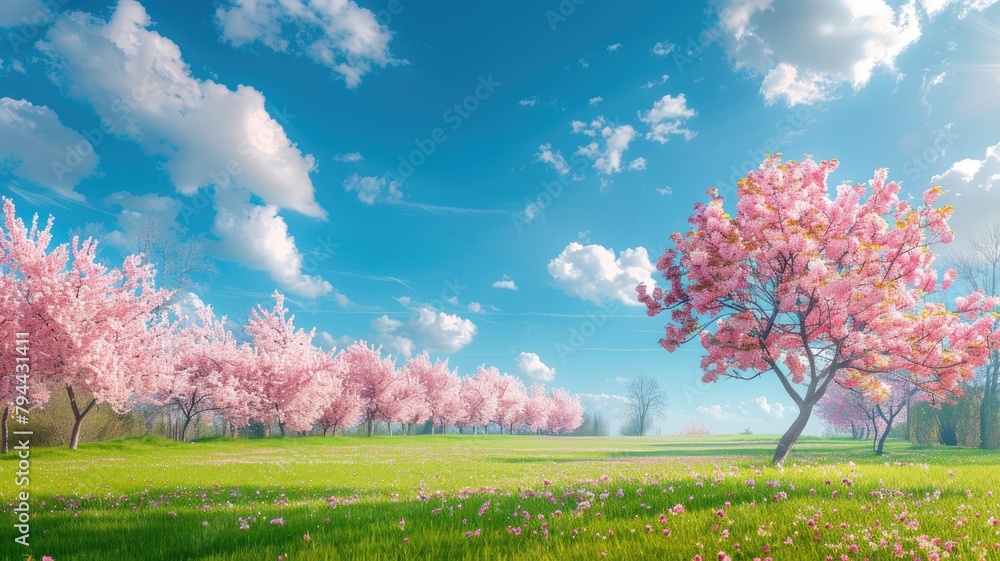 Blossoming pink trees in vibrant spring meadow under clear blue sky with scattered clouds
