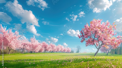 Wallpaper Mural Blossoming pink trees in vibrant spring meadow under clear blue sky with scattered clouds Torontodigital.ca