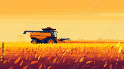 Simple procreate vector art style poster agriculture farming field yellow combine minimalism village summer
