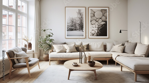 A harmonious blend of comfort and style graces this Scandinavian living room, with its cozy sofa, minimalist coffee table, and an empty wall offering a perfect backdrop for personalized 