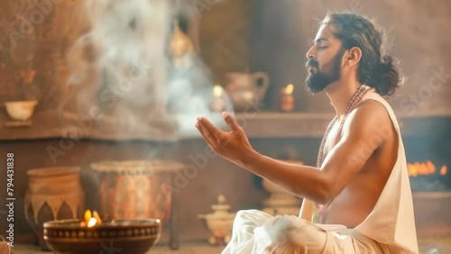 A young male yogi with hair in a bun in white clothes in the lotus position sits in front of a Tibetan bowl of incense in the meditation hall. Retreat and spiritual practice. Banner. Copy space photo