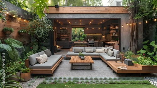 Cozy Urban Backyard with Wood Seating, Sofas, Coffee Table, and String Lights. Concept Urban Backyard, Cozy Seating, String Lights, Wood Furniture, Coffee Table