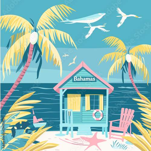 A Bahamas tropical beach scene with a blue house and a pink and white one