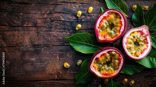 Halved passion fruits with seeds on wooden surface surrounded by leaves photo