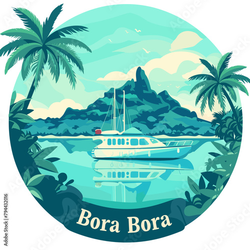 A boat is floating in the water near a palm tree Bora Bora