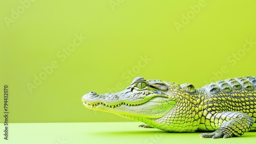 Alligator resting on green surface against lime background
