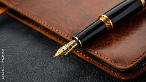 Luxury fountain pen on leather notebook cover