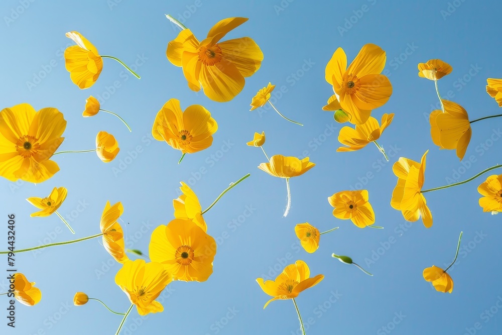 Flying buttercups heads on blue sky background
