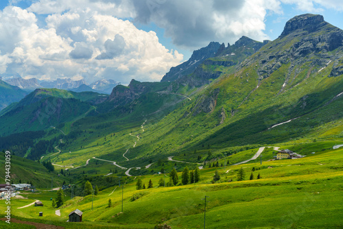 Mountain landscape along the road to Pordoi pass, Dolomites photo