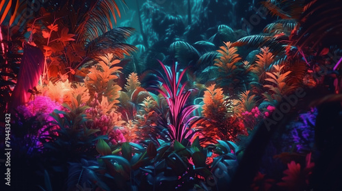 Tropical dark trend jungle in neon illuminated lighting. Exotic palms and plants in retro style. Enchanted Jungle at Night