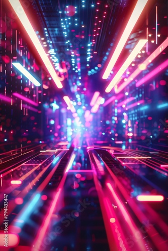 Psychedelic and futuristic background filled with neon lights and dynamic shapes, transporting the viewer to another realm