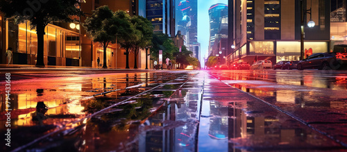 modern buildings in capital city with light reflection from puddles on street.