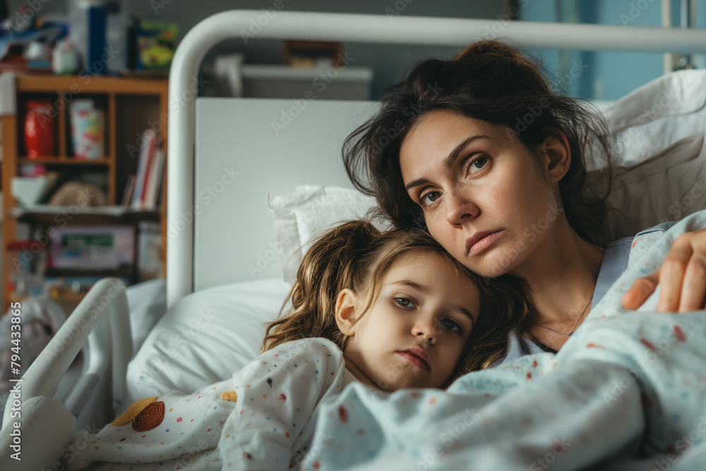 Mutter und Tochter in einem Krankenhausbett Mutter und Tochter in einem Krankenhausbett