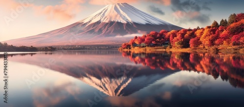 Mountain Fuji with morning fog and red leaves
