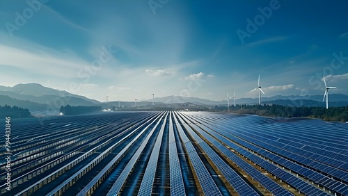 Renewable energy integration with solar panels wind turbines powering a facility. Concept Renewable Energy  Solar Panels  Wind Turbines  Facility Power  Integration