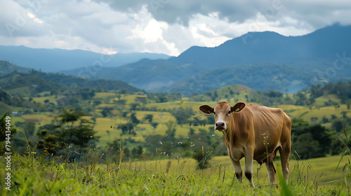 Cow in green grasslands in Colombia