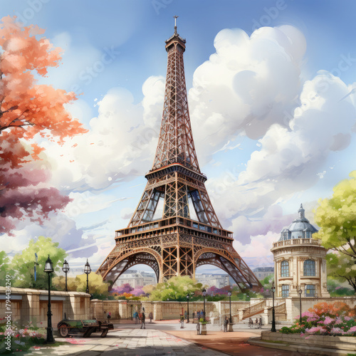 Watercolor Eiffel tower, clipart Illustration, Generative Ai