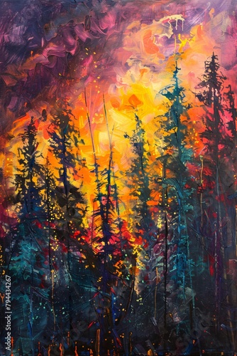 Behold an abstract wilderness where vibrant colors intertwine with the flickering warmth of fire