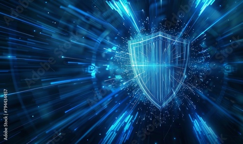 futuristic shield icon in the center of abstract digital blue background with light effects, security technology concept Generative AI