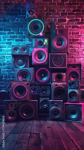 Neon Glow Retro Speakers Vintage Brick Wall Vibe