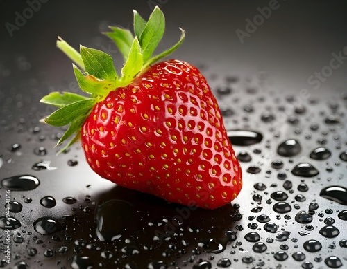 Strawberry with water drops on black background. Fruits and summer berries illustration