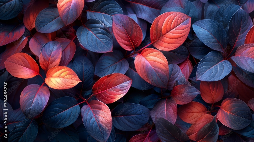 A tight shot of various leaves, red and blue ones prominently displayed, amidst the foliage on the image's left side A tight shot of various leaves, red and blue ones prominently displayed, amidst the foliage on the image's left side