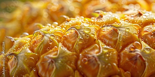 Close-up view of pinapple with water droplets.