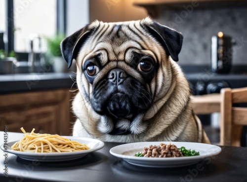 Pug sitting at the table