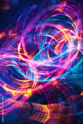 Dynamic abstract background with neon hues and swirling shapes, creating a hypnotic visual spectacle