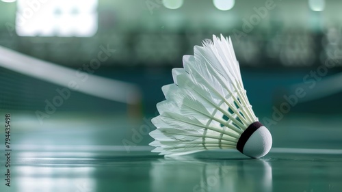 detailed close-up of a white shuttlecock on a gleaming badminton court, with a blurred net in the background suggesting an indoor sports environment.