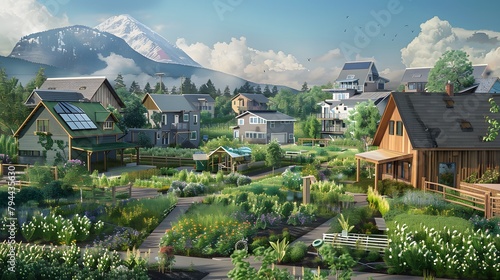 a visually striking image featuring a sustainable neighborhood plan  with eco-friendly homes arranged around communal green spaces  urban farms  and bioswales