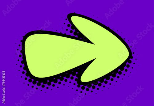 A vibrant wide-format image depicting a lime green arrow symbol, outlined in bold black, against a deep purple pop art backdrop, punctuated with a halftone dot pattern for a striking graphic effect. © Vjom