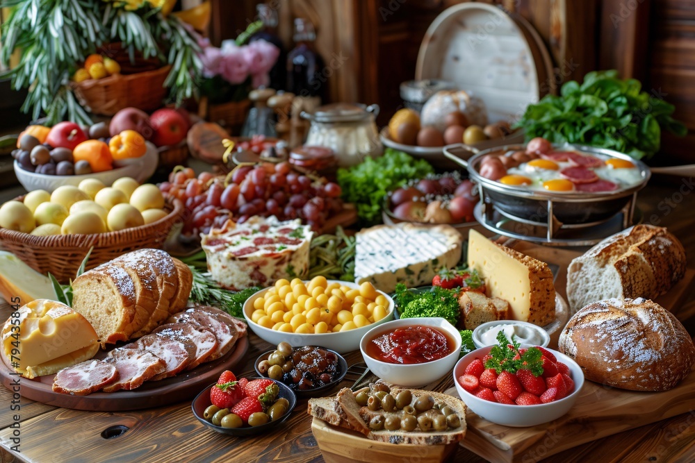 Lavish spread of various foods including cheeses, meats, fruits, and bread on a rustic table.