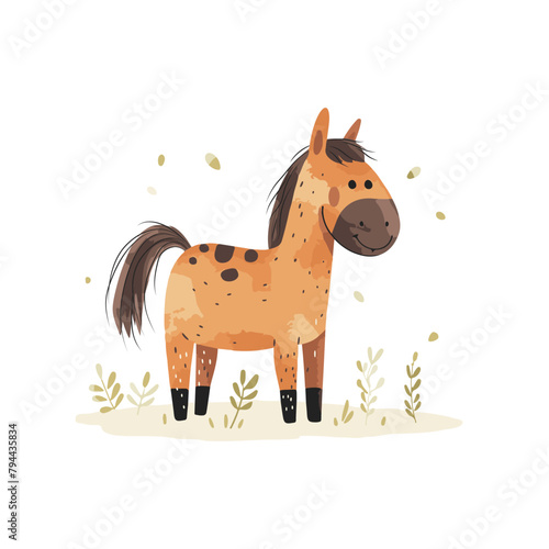 Watercolor cartoon horse walking in nature, vector illustration