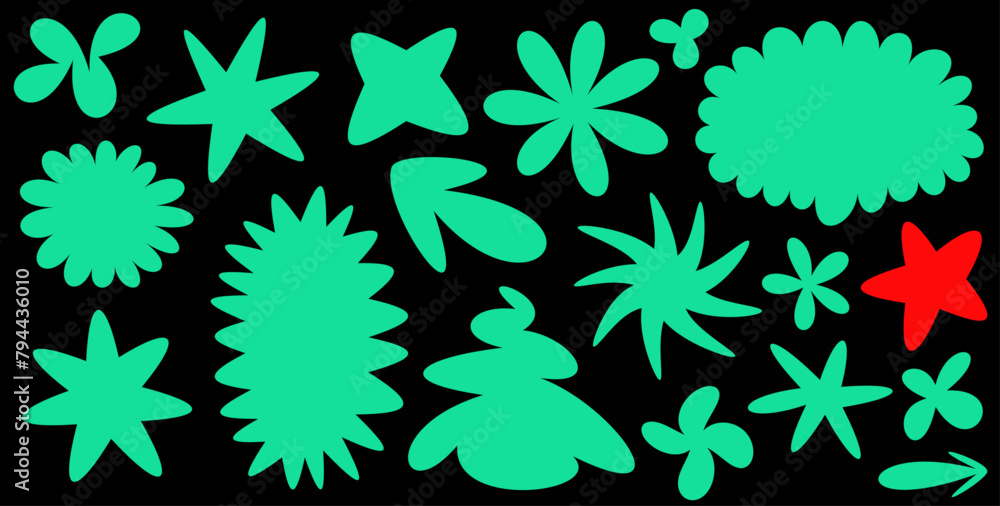 A vivid collection of neon green shapes with a standout red star, set against a black background for a stark, eye-catching contrast. A vivid collection of neon green shapes with a standout red star, set against a black background for a stark, eye-catching contrast.