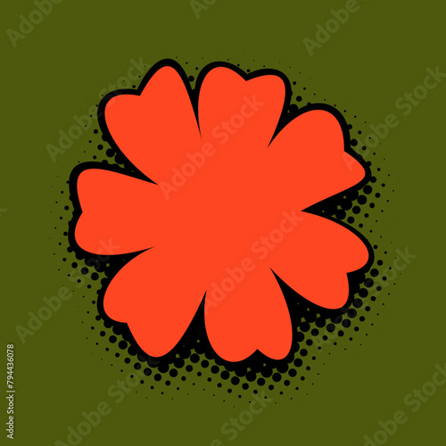 A striking tangerine flower silhouette stands out with sheer vibrancy against a rich emerald background, encircled by a playful arrangement of black halftone dots, exuding a retro yet modern feel.