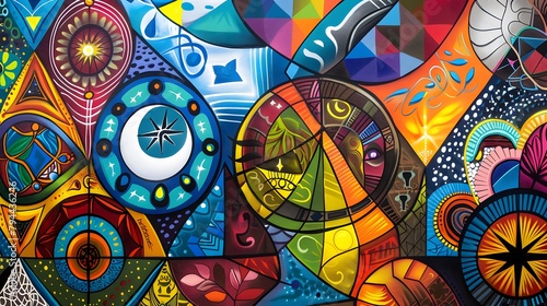 a visually striking image featuring a mural of unity, where vibrant colors and intricate patterns converge to depict symbols like the cross, crescent, Om, and Star of David photo