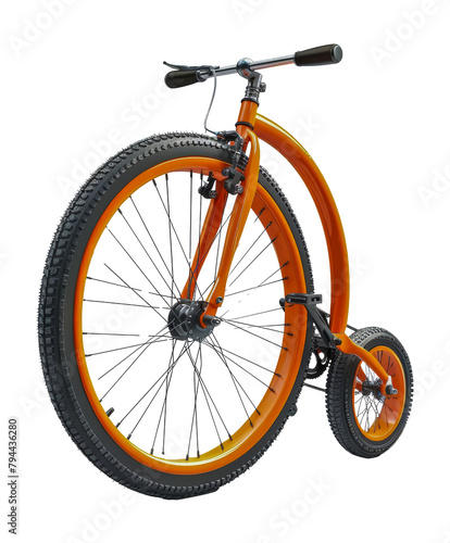 Orange training bicycle with stabilizer wheel