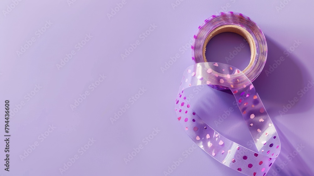 Roll of decorative tape with hearts and polka dots on purple background