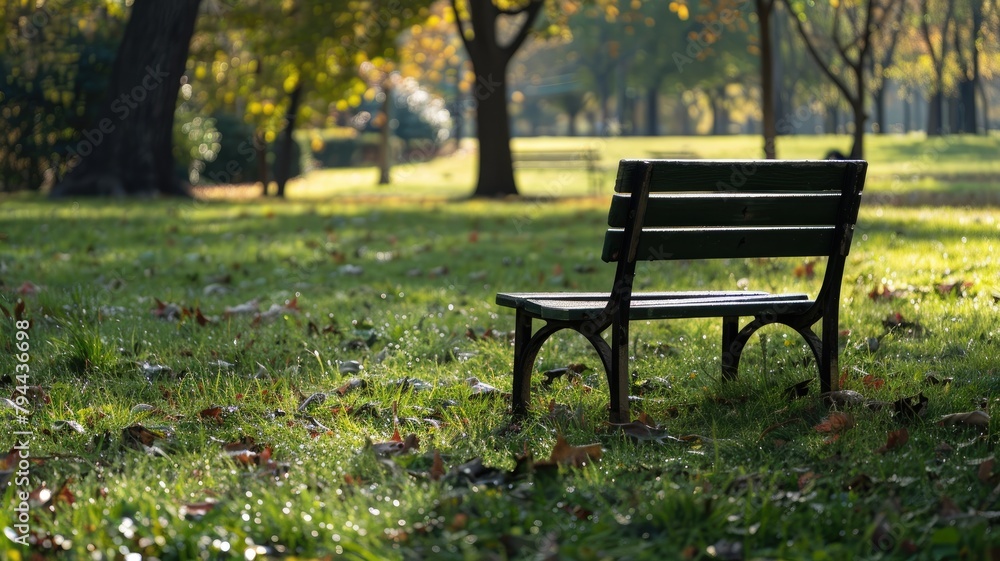 Empty park bench bathed in sunlight with scattered leaves around
