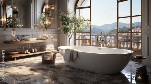 Bathroom interior in modern style with wooden bathtub, panorama © WaniArt