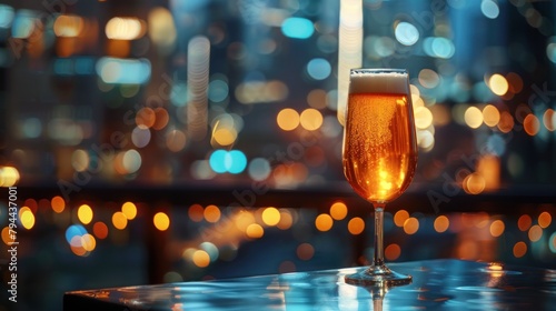 Portrait glass of beer on bar table with bokeh background, copy space. generative AI image