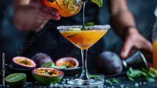 Hand pouring cocktail into glass with passion fruit garnish, moody lighting photo
