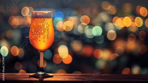 Portrait glass of beer on bar table with bokeh background, copy space. generative AI image